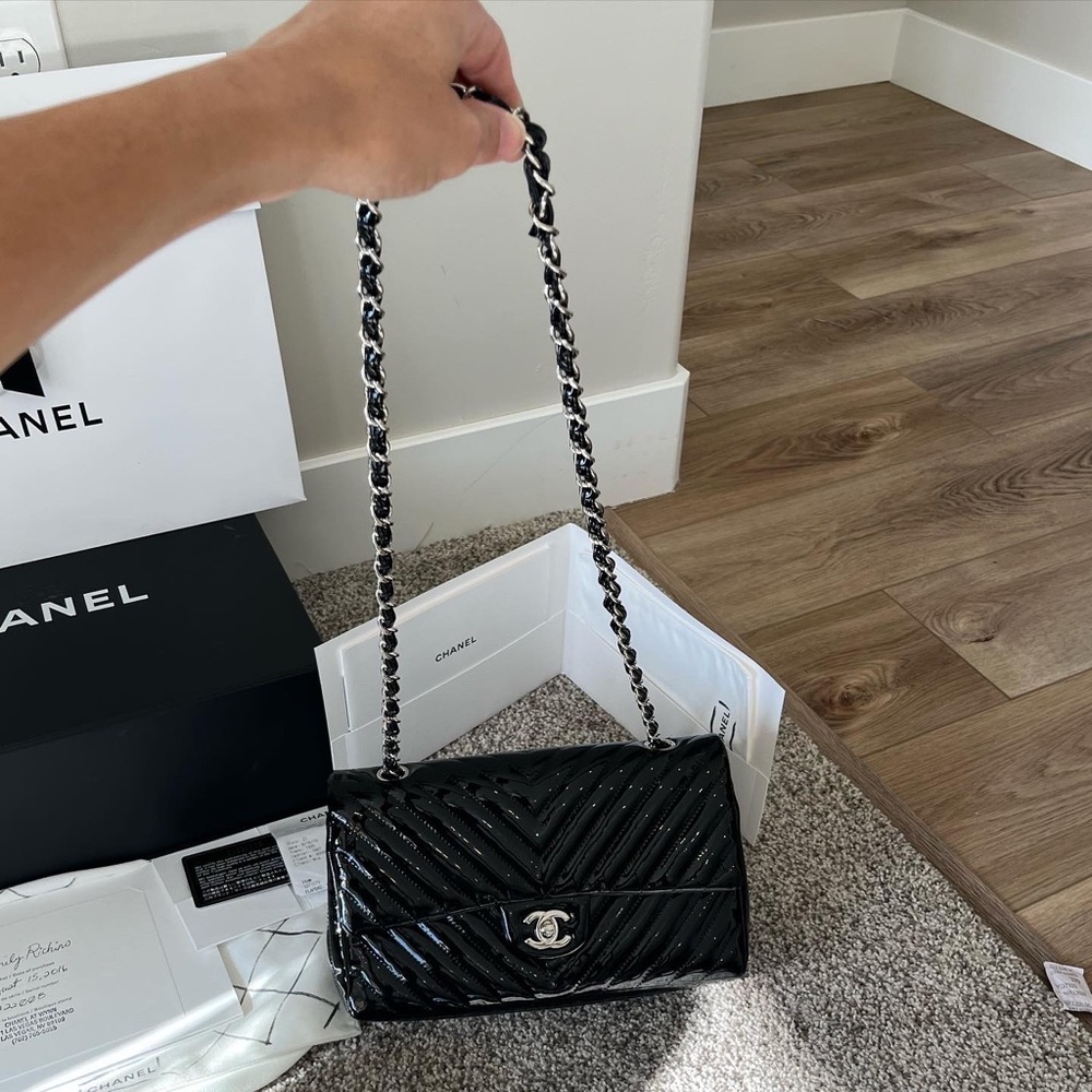Not for Sale! CHANEL Black Patent Leather Chevron Print Double Flap bag